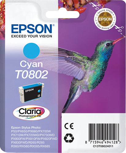 Epson Hummingbird Singlepack Cyan T0802 Claria Photographic Ink Epson Hummingbird Singlepack Cyan T0802 Claria Photographic Ink
